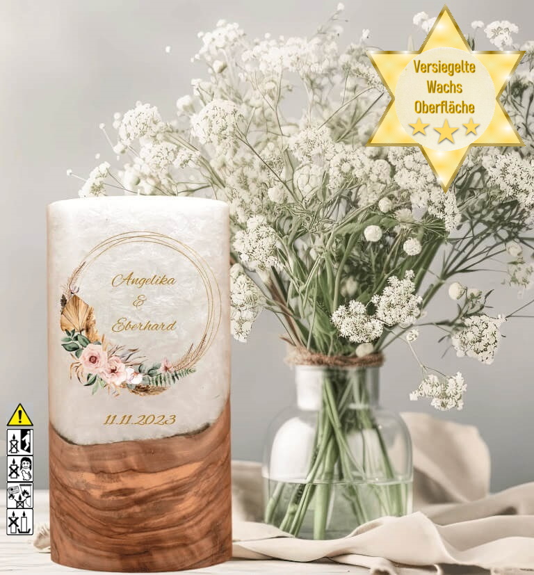 "Rustica Kranz" Hochzeitskerze mit Holzelement 20 cm hoch "Rustica Kranz" Hochzeitskerze mit Holzelement 20 cm hoch