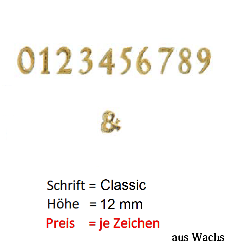Zahl (Preis je Zahl) Echtwachs in Gold "Classic" in 12 mm.