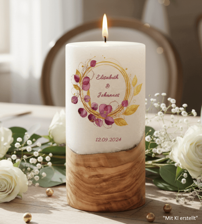 "Eukalyptus Bordaux" Hochzeitskerze mit Holzelement 20 cm hoch