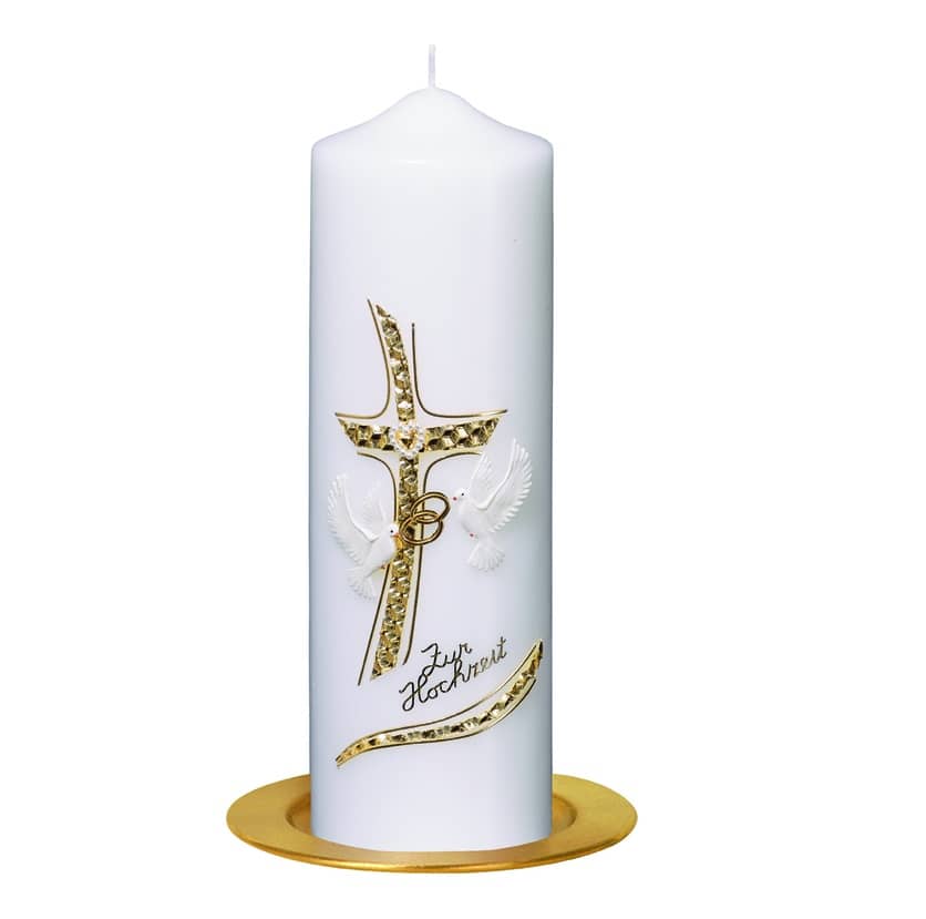 Hochwertige individuelle Hochzeitskerze für die Trauung goldenes Kreuz mit Tauben Rundkerze