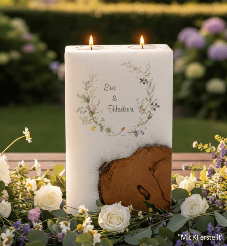 "Wiesenblumen" Hochzeitskerze mit Holz und 2 Teelichter 14 x 21 cm