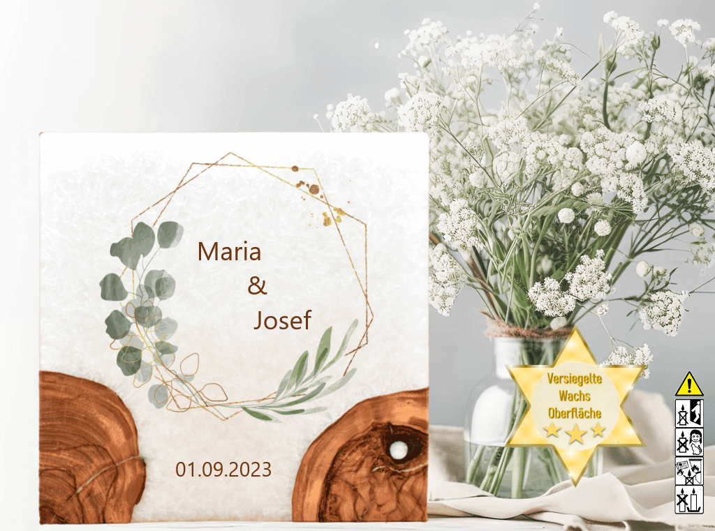 Hochzeitskerze mit Holzelement. Motiv: Olivenkranz Hochzeitskerze mit Holzelement. Motiv: Olivenkranz günstig in unserem Onlineshop kaufen. Personalisierte Hochzeitskerze online kaufen
