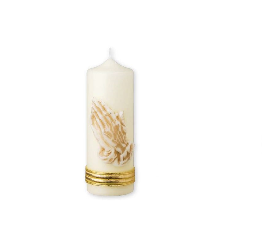Eine hochwertige Kerze für die Trauer und zum Gedenken Betende Hände mit goldenen Ring Rundkerze 200 x 70 mm
