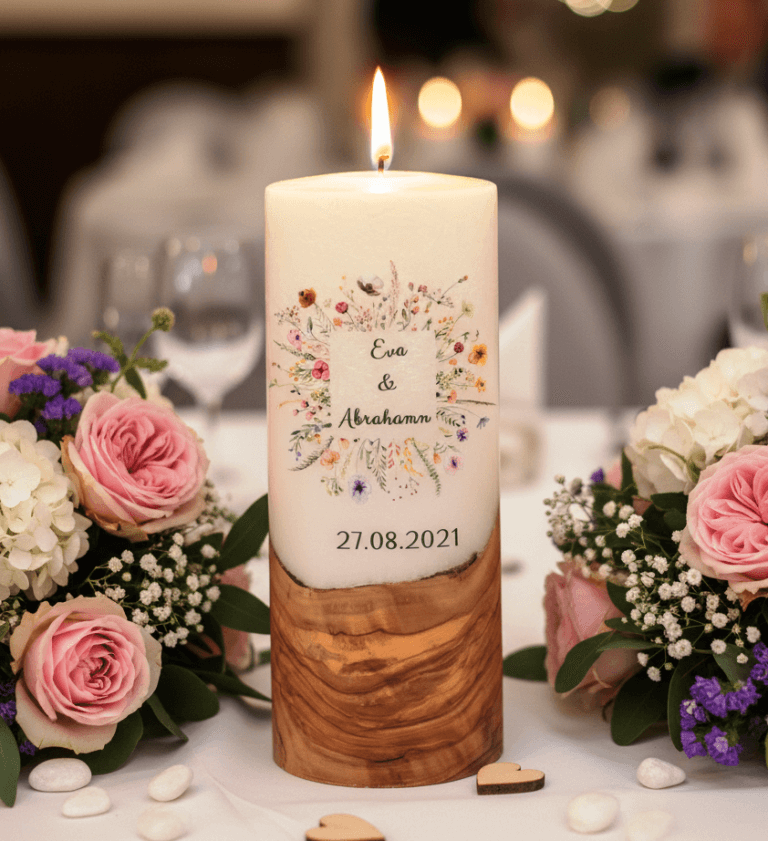 "Blumen Rahmen" 25 cm Hochzeitskerze mit Holzelement