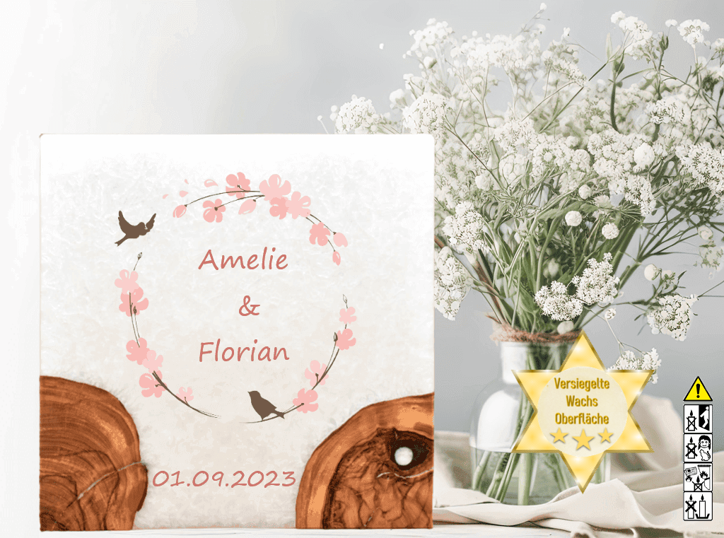 Hochzeitskerze mit Holzelement. Motiv: Vogelpaar günstig in unserem Onlineshop kaufen. Personalisierte Hochzeitskerze online kaufen