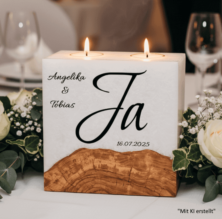 "Ja" Hochzeitskerze mit Sockel und 2 Teelichter 20 x 20 cm