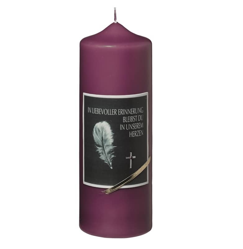 Eine edle Kerze für die Trauer und zum Gedenken brombeere Bild mit Feder und Kreuz 200 x 70 mm