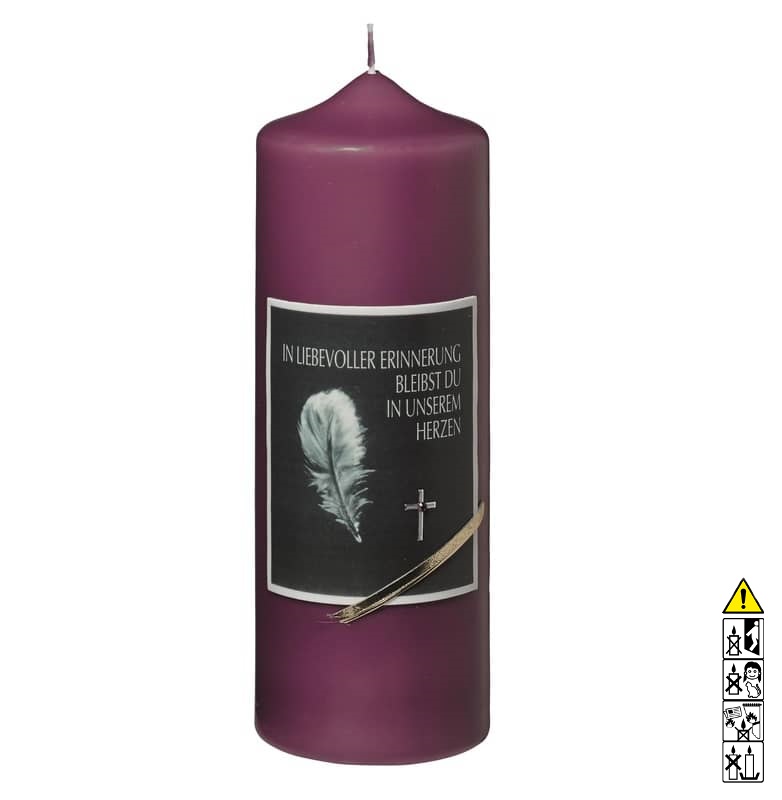 Gedenkkerze brombeere Bild mit Feder und Kreuz 200 x 70 mm Eine edle Kerze für die Trauer und zum Gedenken brombeere Bild mit Feder und Kreuz 200 x 70 mm