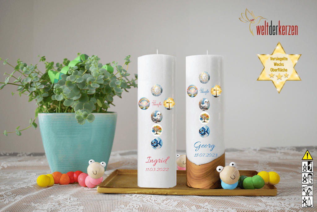 Taufkerze  Ø 6 oder 7 x 25 cm "Kreuz mit Symbolen" Taufkerze  Ø 6 oder 7 x 25 cm "Kreuz mit Symbolen"