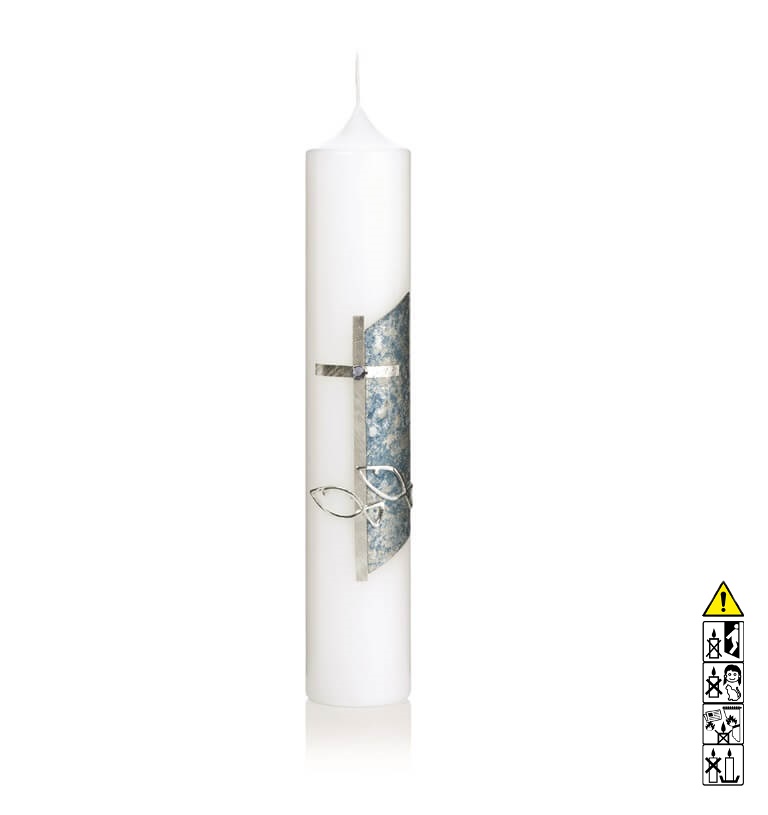 Taufkerze Junge Kreuz Fische Verzierung in blau silber Hochwertige Taufkerze Junge Kreuz Fische Verzierung in blau silber 265 x 50 mm