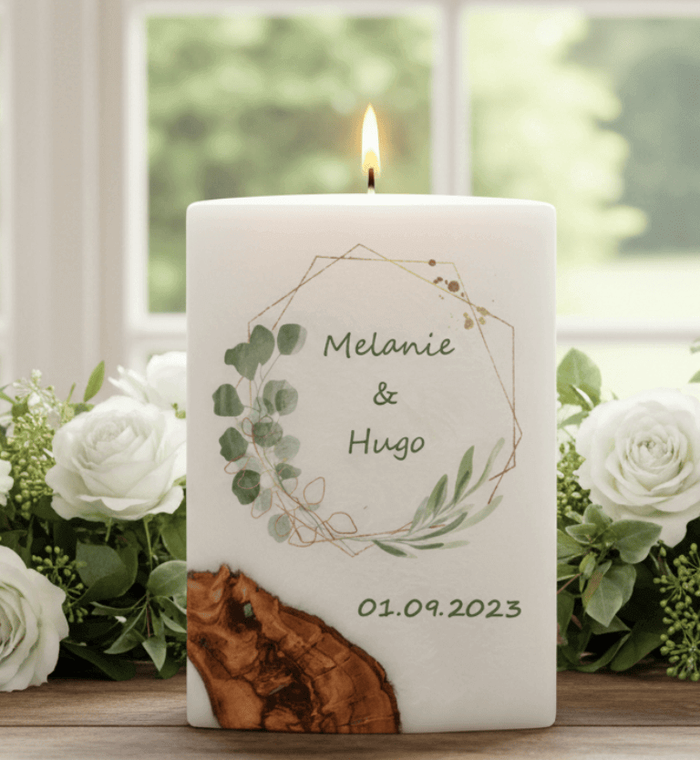 "Eukalyptus und Oliven" Hochzeitskerze mit Holzelement 14 x 21 cm oval mit Teelicht oder Docht