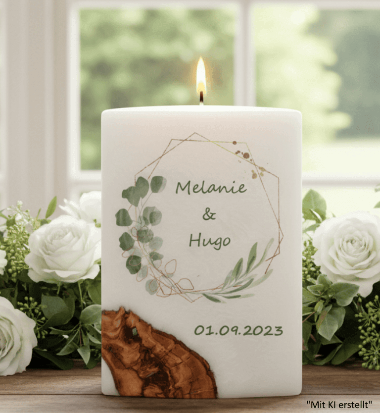 "Eukalyptus und Oliven" Hochzeitskerze mit Holzelement 14 x 21 cm oval mit Teelicht oder Docht
