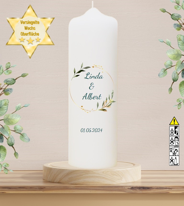 Personalisierte Hochzeitskerze "Olivenkranz" 30 cm Personalisierte Hochzeitskerze "Olivenkranz" 30 cm