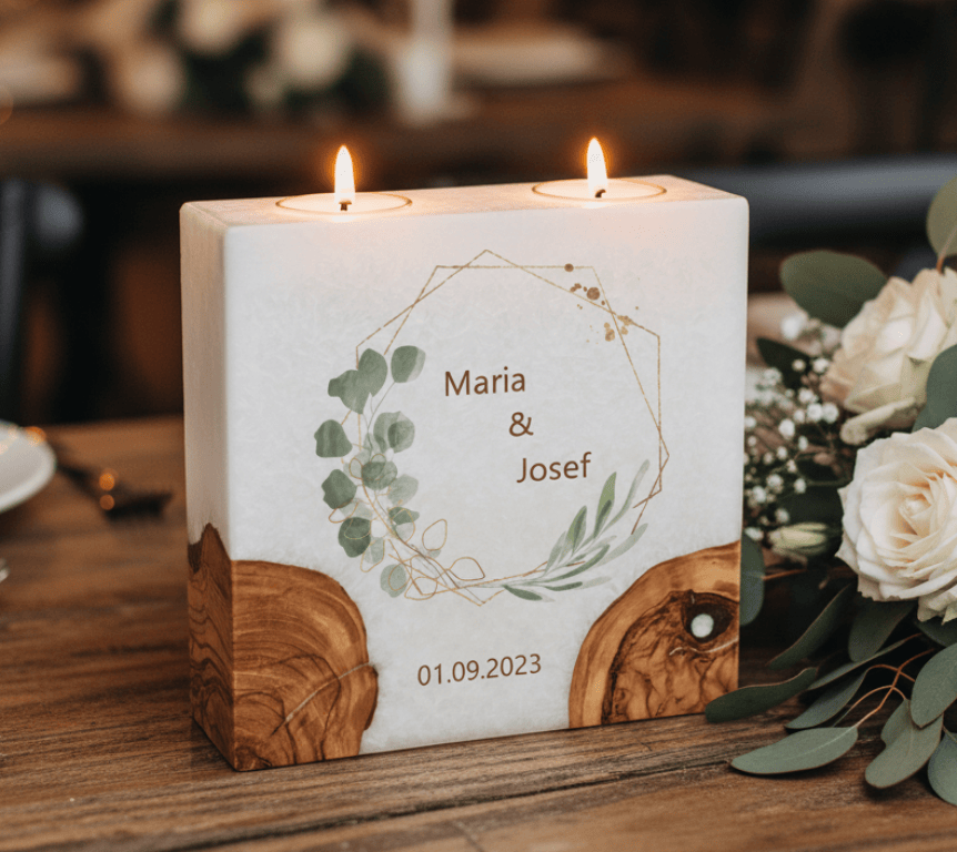 Hochzeitskerze Eukalyptus und Oliven mit 2 Holzelementen und 2 Teelichter 20 x 20 cm