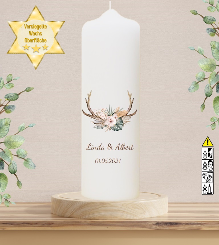 Personalisierte Hochzeitskerze "Geweih" 30 cm Personalisierte Hochzeitskerze "Geweih" 30 cm