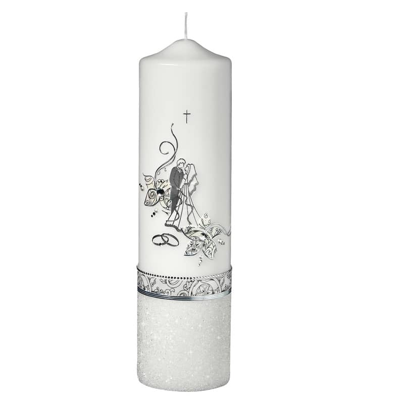 Hochwertige individuelle Hochzeitskerze für die Trauung Brautpaar in silber mit Perlen Rundkerze 300 x 80 mm