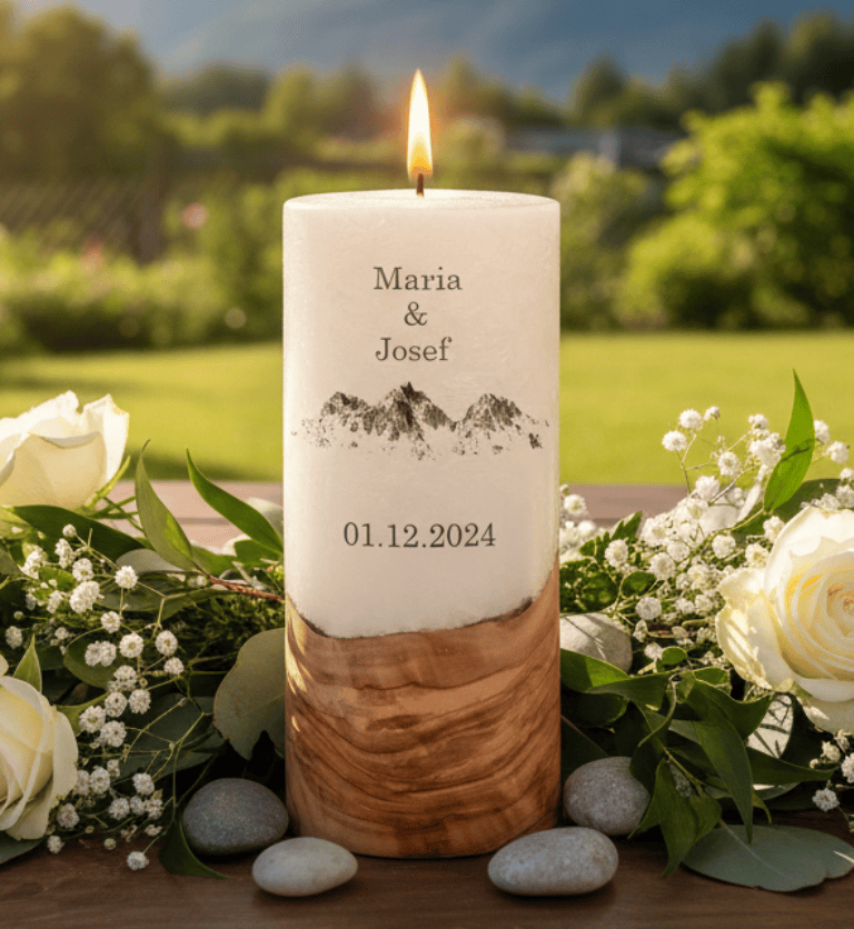 "Berge" Hochzeitskerze mit Holzelement 20 cm hoch