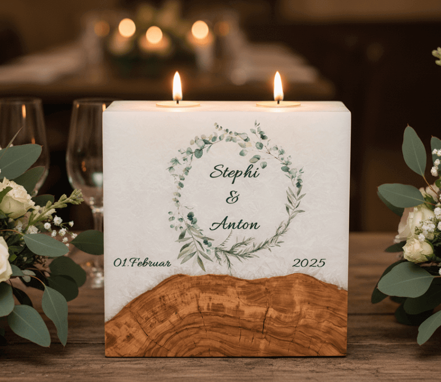 "Eukalyptuskranz 3" Hochzeitskerze mit Sockel und 2 Teelichter 20 x 20 cm