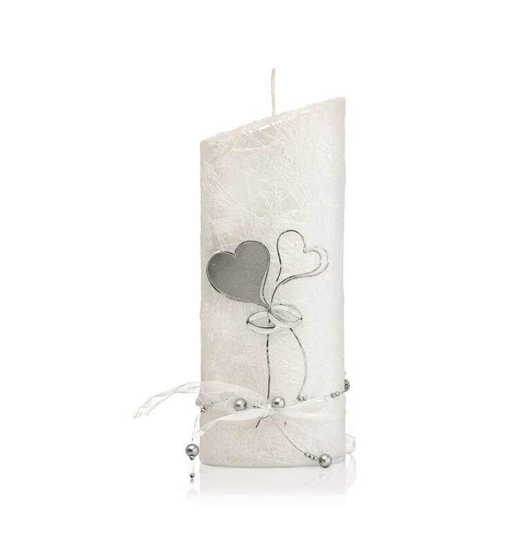 Individuelle Hochzeitskerze kaufen für die Trauung Perlmutt, weiß Zwei fliegende Herzen in silber 220 x 85 mm