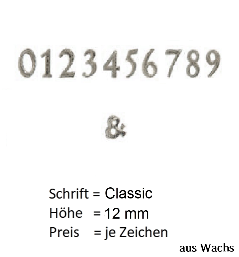 Zahl (Preis je Zahl) Echtwachs in Silber "Classic" in 12 mm. Zahl (Preis je Zahl) Echtwachs in Silber "Classic" in 12 mm.