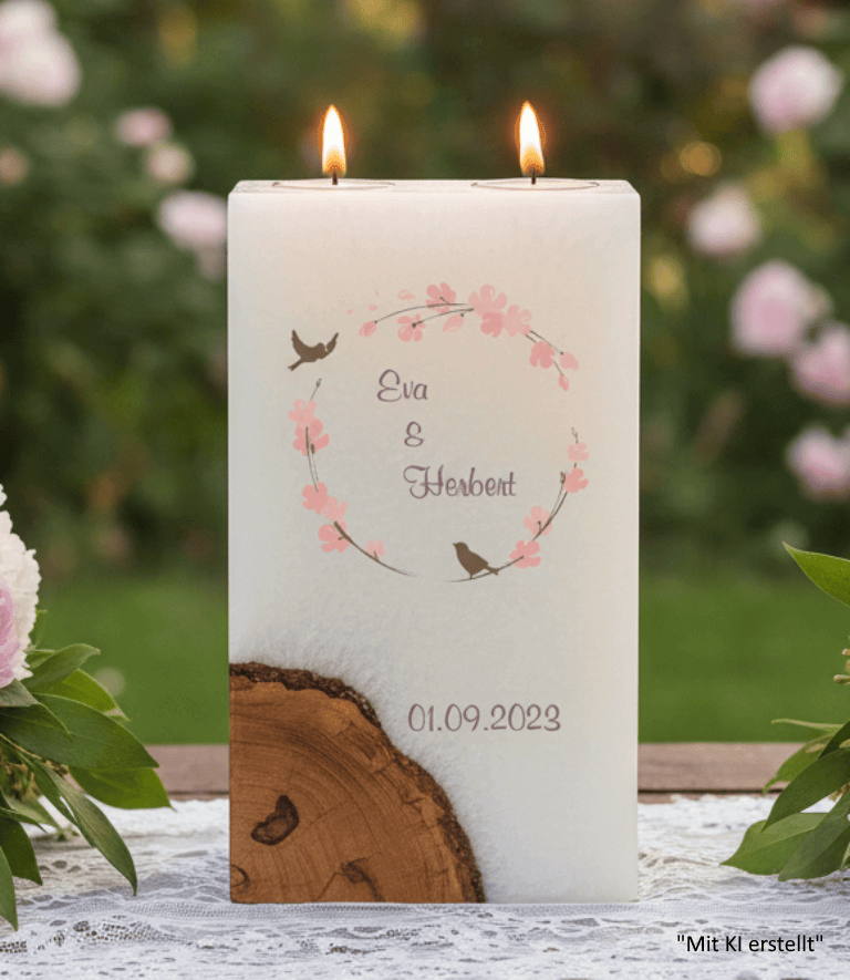 "Vogelpaar Nr.:2" Hochzeitskerze mit Holz und 2 Teelichter 14 x 21 cm