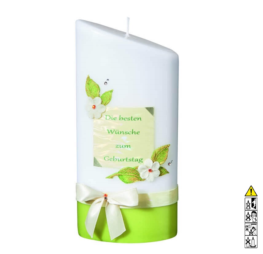 Geburtstagskerze Die besten Wünsche zum Geburtstag grün/weiss abgeschrägt Hochwertige Kerze zum Geburtstag kaufen Die besten Wünsche zum Geburtstag grün/weiss abgeschrägt 195 x 90/55 mm