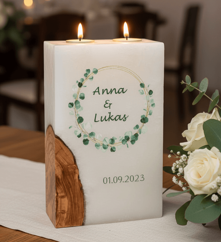 "Eukalyptus Kranz" Hochzeitskerze mit Holz und 2 Teelichter 14 x 21 cm