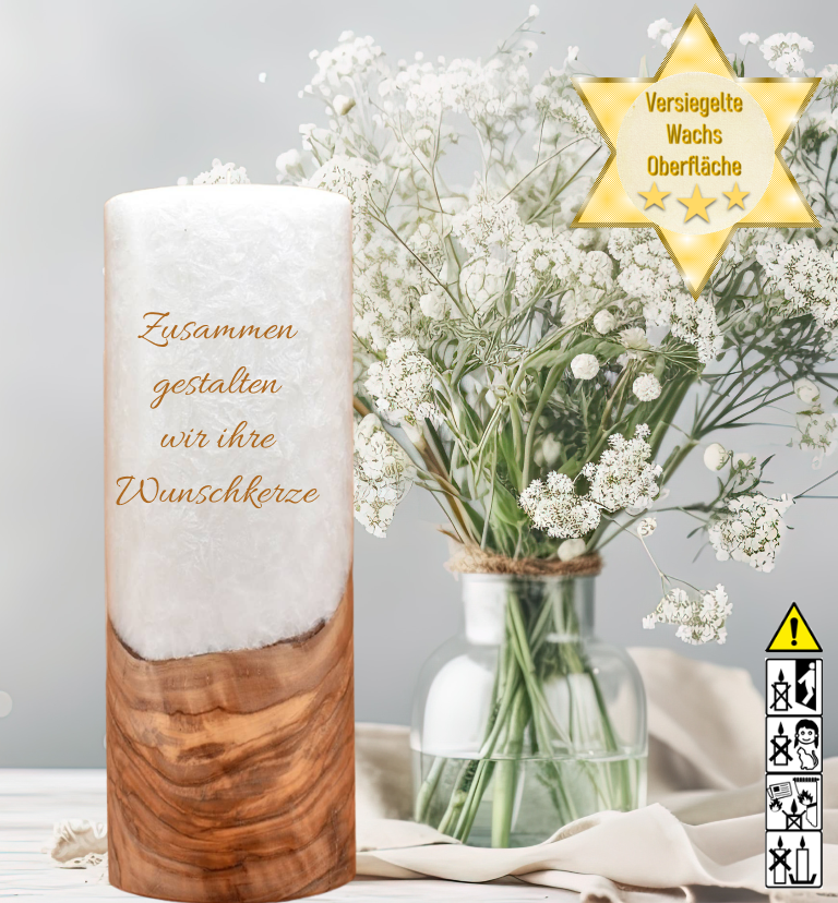 Hochzeitskerze 8 x 25 cm mit Holzelement "selbst gestalten" Hochzeitskerze 8 x 25 cm mit Holzelement "selbst gestalten"