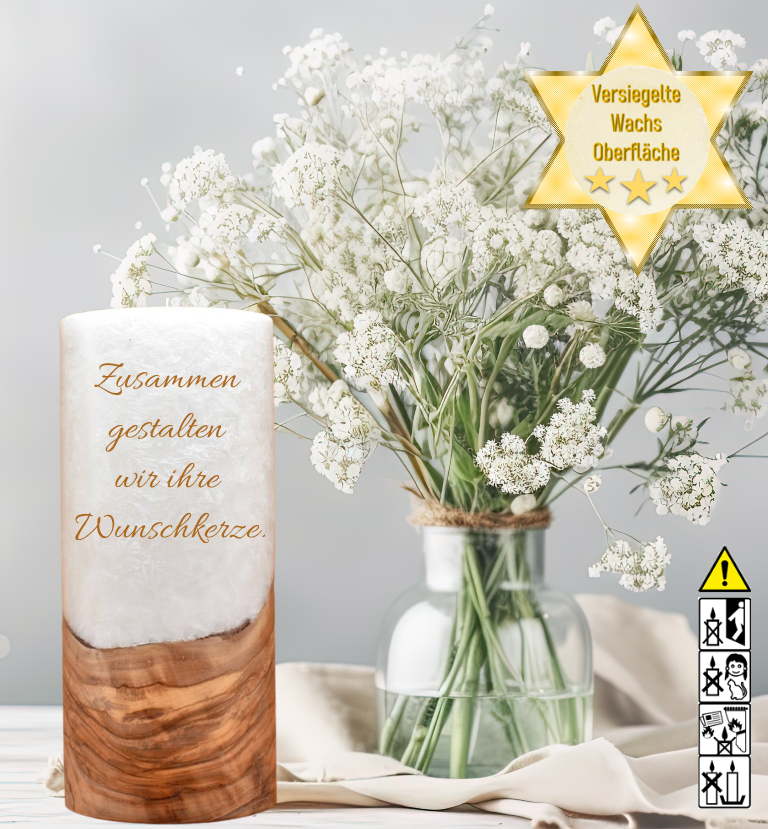 Hochzeitskerze 8 x 20 cm mit Holzelement "selbst gestalten" Hochzeitskerze 8 x 20 cm mit Holzelement "selbst gestalten"
