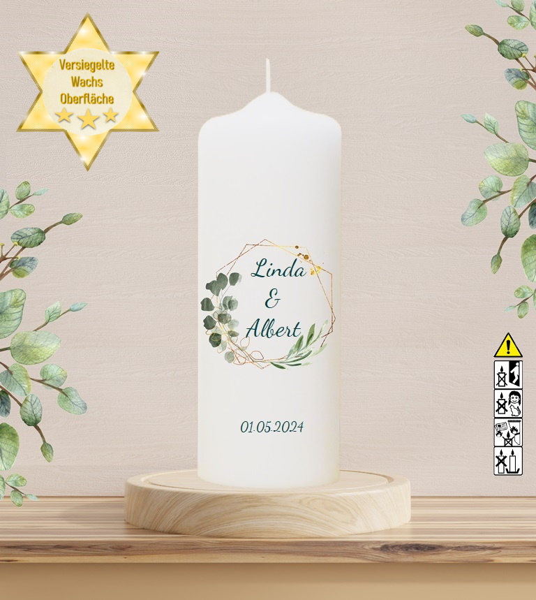 Personalisierte Hochzeitskerze "Oliven und Eukalyptus" 25 cm Personalisierte Hochzeitskerze "Oliven und Eukalyptus" 25 cm