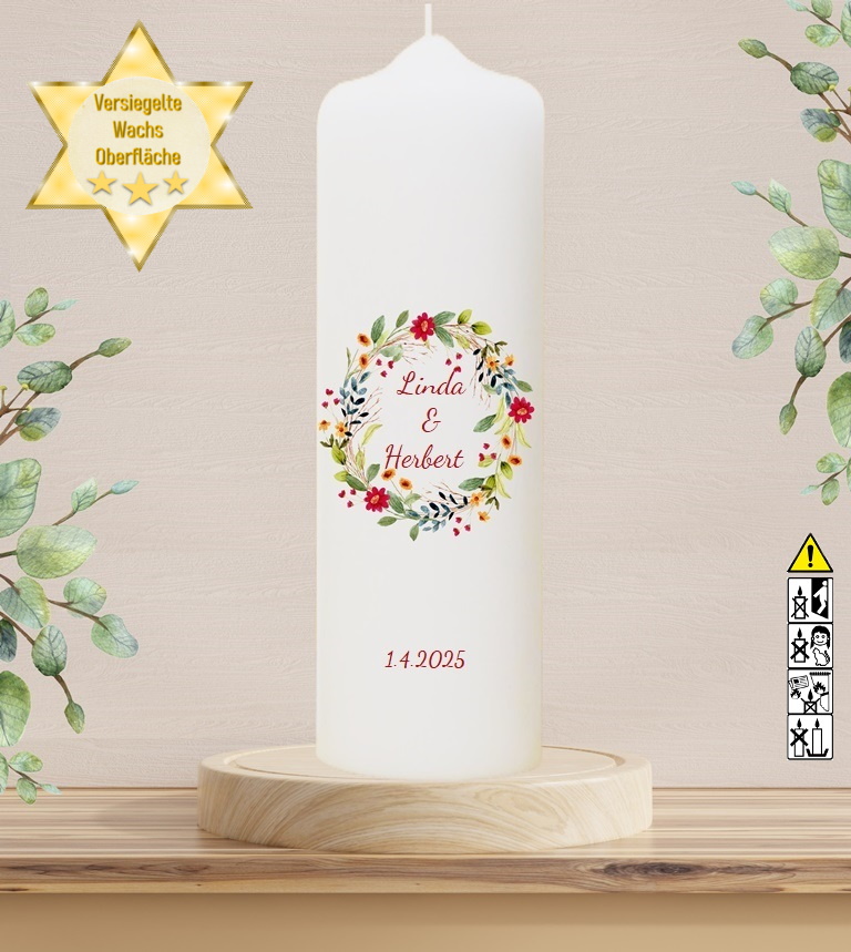 Personalisierte Hochzeitskerze "Blumenkranz" 30 cm Personalisierte Hochzeitskerze "Blumenkranz" 30 cm