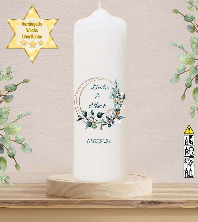 Personalisierte Hochzeitskerze "Eukalyptuskranz gold" 30 cm Personalisierte Hochzeitskerze "Eukalyptuskranz gold" 30 cm