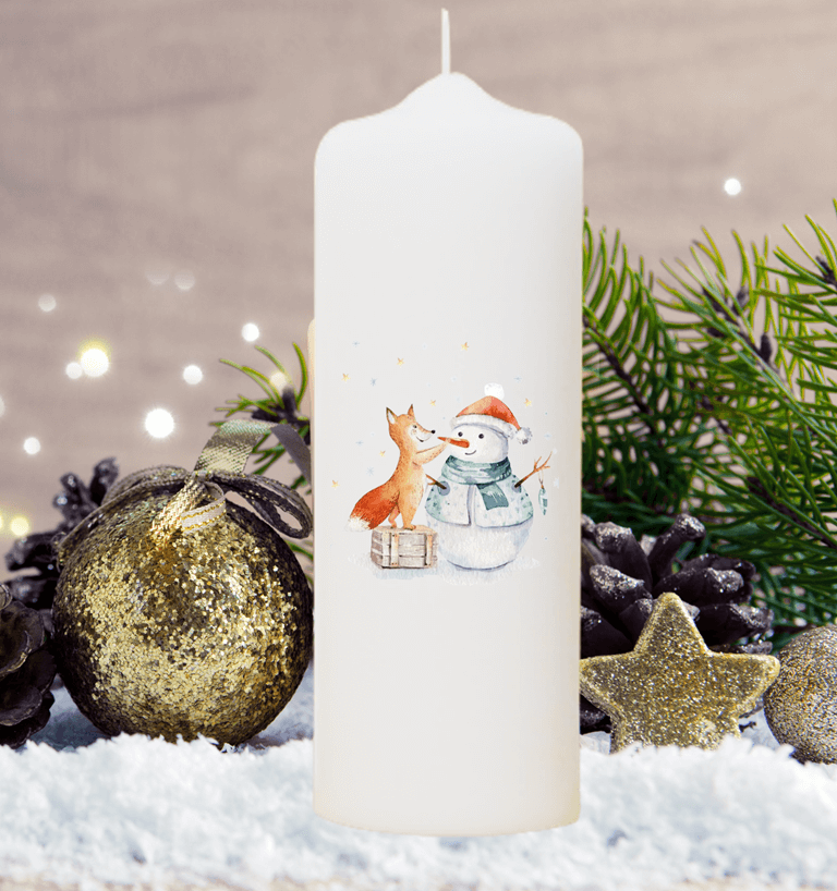 Adventskranzkerzen "Fuchs baut Schneemann"