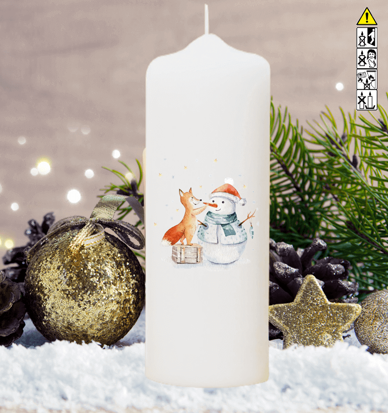 Adventskranzkerzen "Fuchs baut Schneemann"