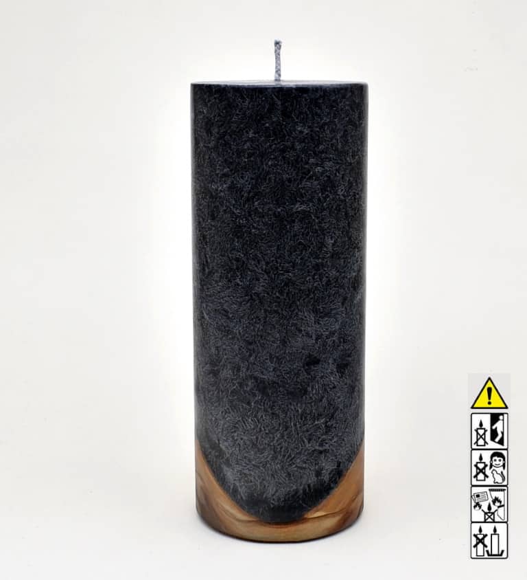 Kerze mit Holz Unikat Rund 80 x 200 mm mit Docht in schwarz