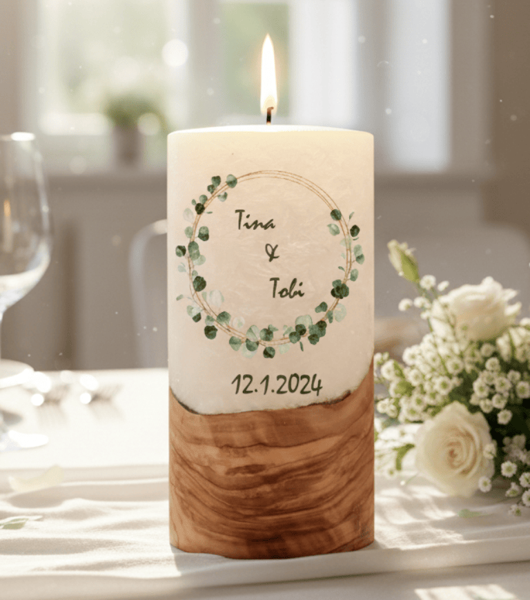 "Eukalyptus Kranz" Hochzeitskerze mit Holzelement 20 cm hoch