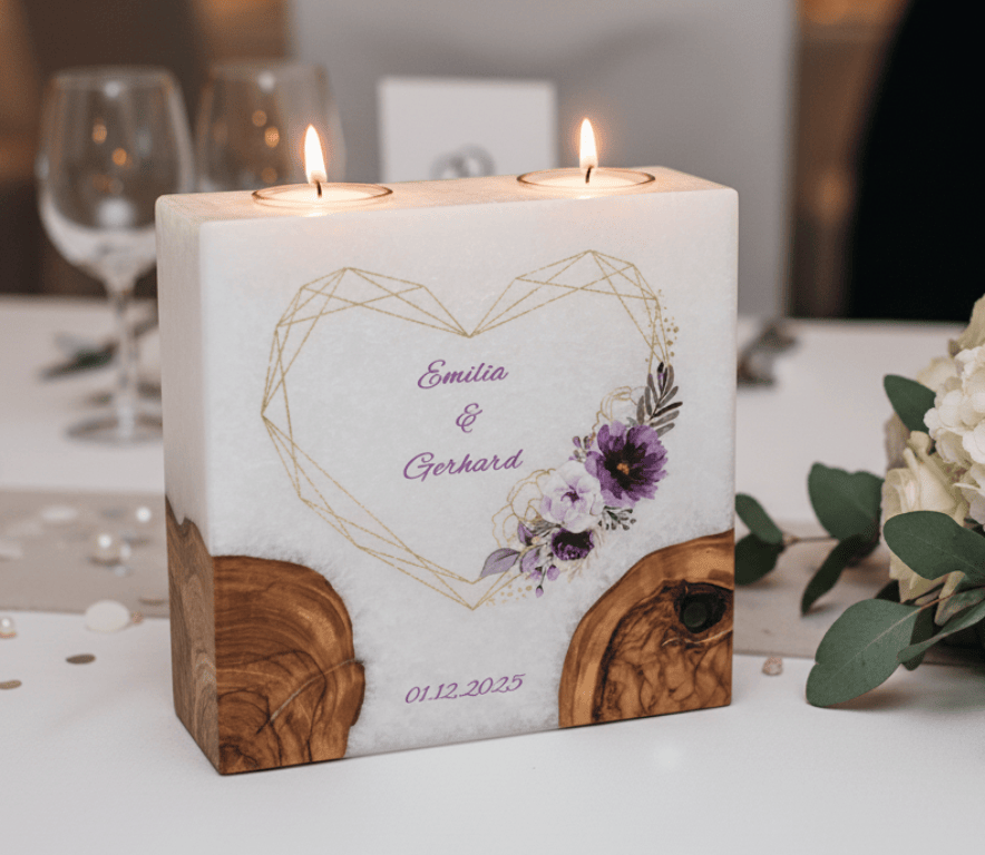 "Herz in Lila" Hochzeitskerze mit 2 Holzelementen und 2 Teelichter 20 x 20 cm