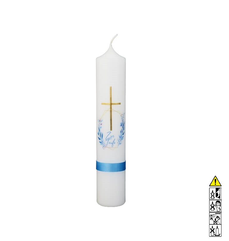 Taufkerze Junge Kreuz mit Blumenkranz und Schriftzug "Zur Taufe" in blau Hochwertige Taufkerze Junge goldenes Kreuz mit Blumenkranz und Schriftzug "Zur Taufe" in blau 265 x 50 mm