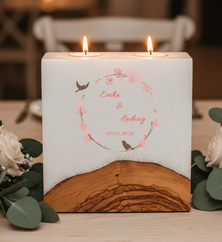 Hochzeitskerze Vogelpaar Nr.:2 mit Sockel und 2 Teelichter 20 x 20 cm