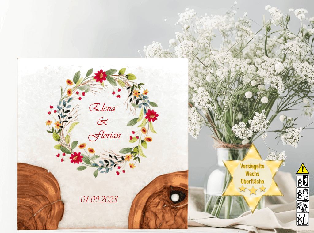 Hochzeitskerze mit Holzelement. Motiv: Blumenkranz Hochzeitskerze mit Holzelement. Motiv: Blumenkranz günstig in unserem Onlineshop kaufen. Personalisierte Hochzeitskerze online kaufen
