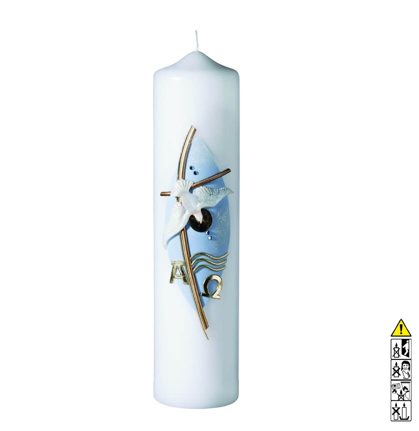 Taufkerze Taube mit goldenen Kreuz hellblau 250 x 60 mm Taufkerze kaufen mit Motiv Taube mit goldenen Kreuz hellblau 250 x 60 mm