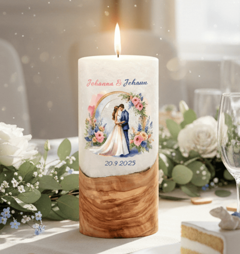 "Brautpaar im Rosenbogen" Hochzeitskerze mit Holzelement 20 cm hoch