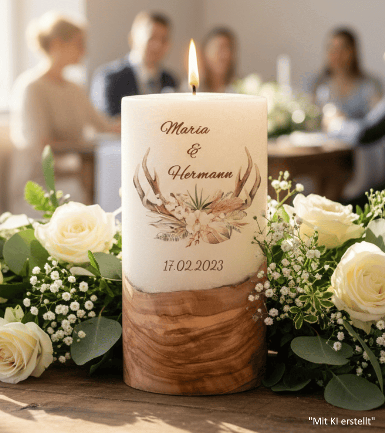 "Jäger" Hochzeitskerze mit Holzelement 20 cm hoch