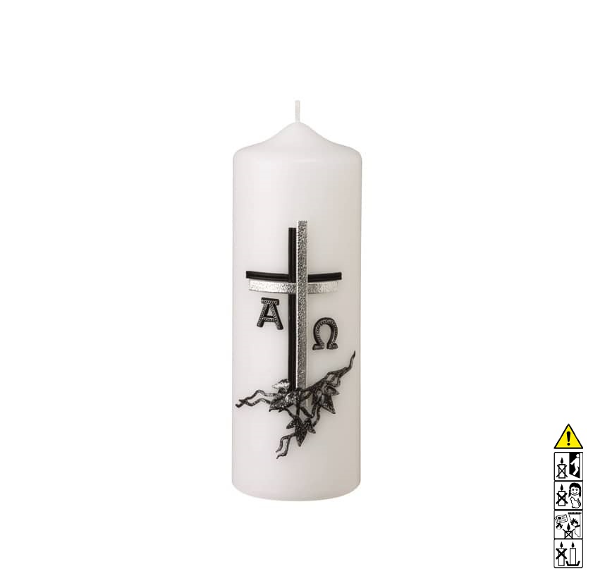 Eine edle Kerze für die Trauer und zum Gedenken weiss Kreuz in Zinn Alpha bis Omega 200 x 70 mm