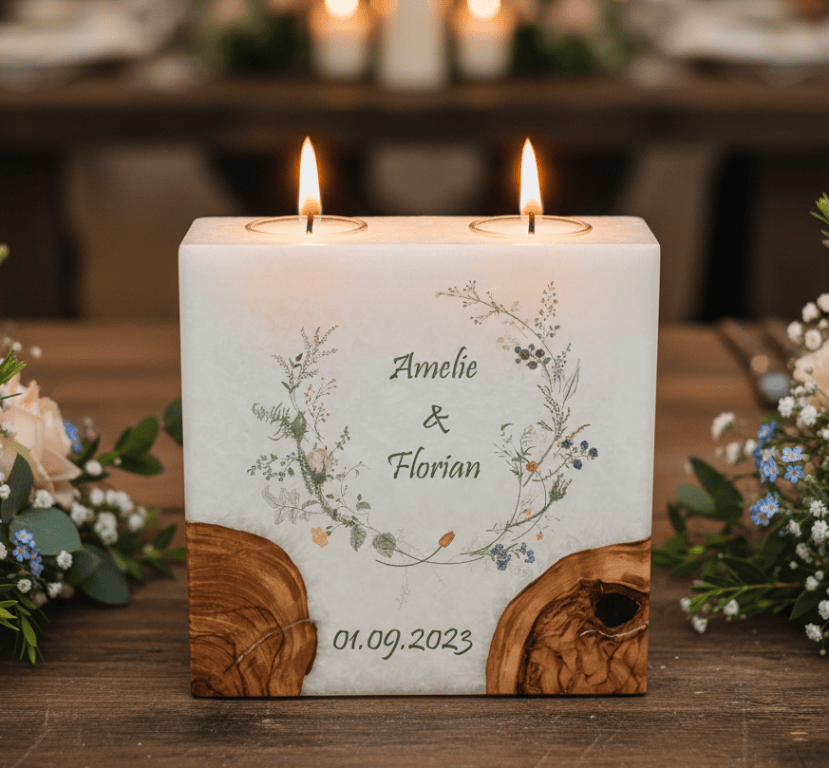 Hochzeitskerze Wiesenblumen mit 2 Holzelementen und 2 Teelichter 20 x 20 cm