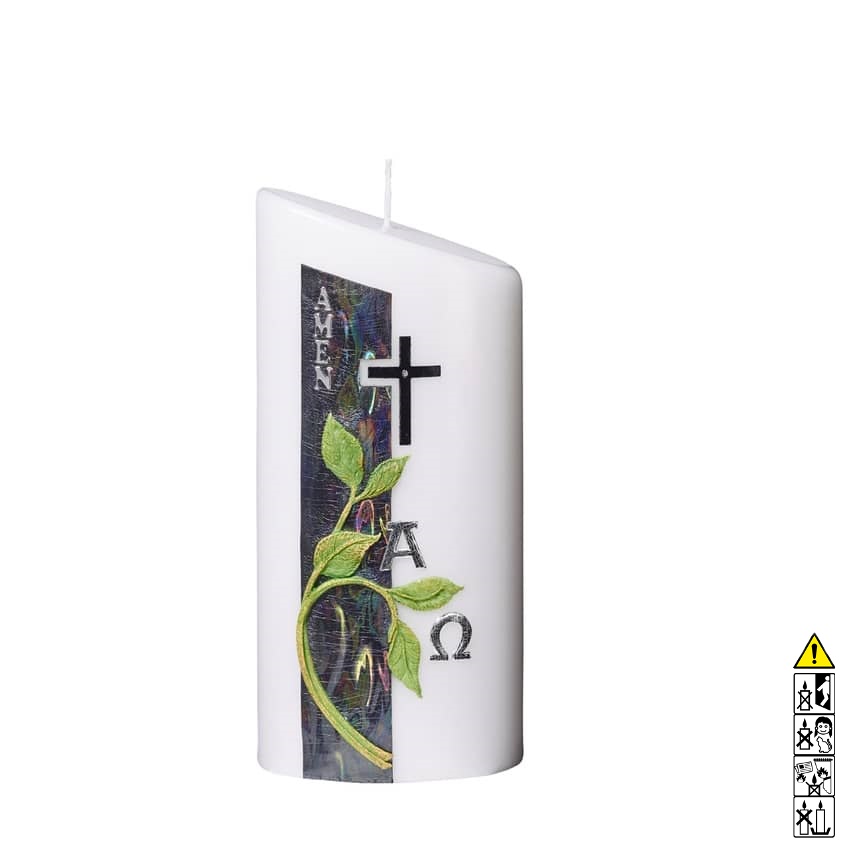Gedenkkerze weiss grüner zweig mit Kreuz 195 x 90/55 mm Eine edle Kerze für die Trauer und zum Gedenken weiss grüner zweig mit Kreuz 195 x 90/55 mm
