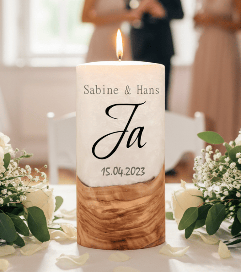 "Ja" Hochzeitskerze mit Holzelement 20 cm hoch