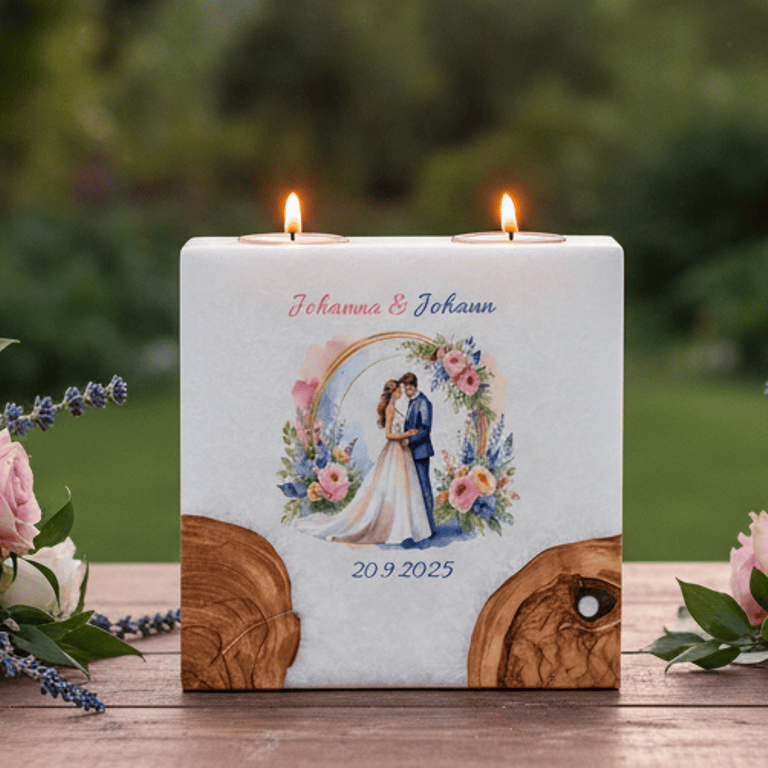 Hochzeitskerze "Brautpaar im Rosenbogen" mit 2 Holzelementen und 2 Teelichter 20 x 20 cm