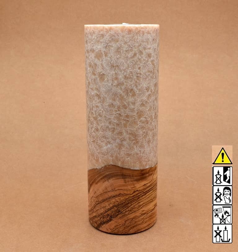 Kerze mit Holz Unikat Rund 90 x 250 mm mit Teelicht in beige Nr.: 2