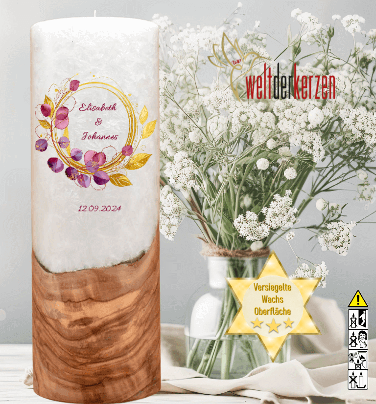 "Eukalyptis Bordaux" Hochzeitskerze mit Holzelement 30 cm hoch "Eukalyptis Bordaux" Hochzeitskerze mit Holzelement 30 cm hoch